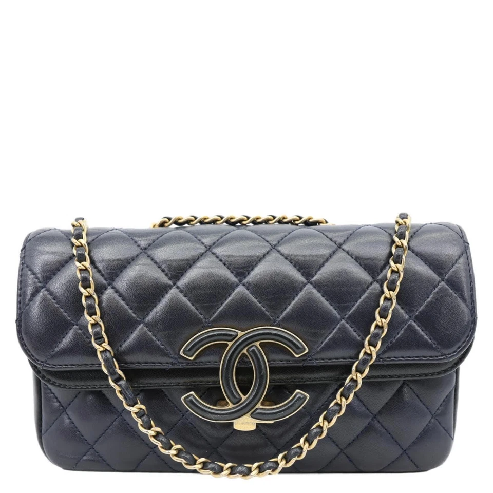 CHANEL CC Chic Double Flap Quilted Lambskin Leather Shoulder Bag Navy Blue