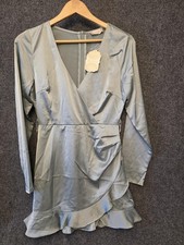 Altar'd State Dress Womens Medium Blue Satin Wrap Ruffle Hem Long Sleeve Mini