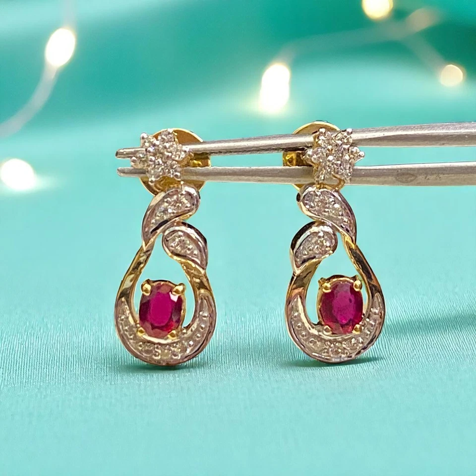 Pave 0.90 Cts F/VS1 Round Brilliant Cut Diamonds Ruby Dangle Earrings 14K Gold - Image 2 of 4