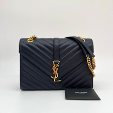 Saint Laurent YSL Medium Envelope Bag in Navy Blue Quilted Leather Gold Hardware