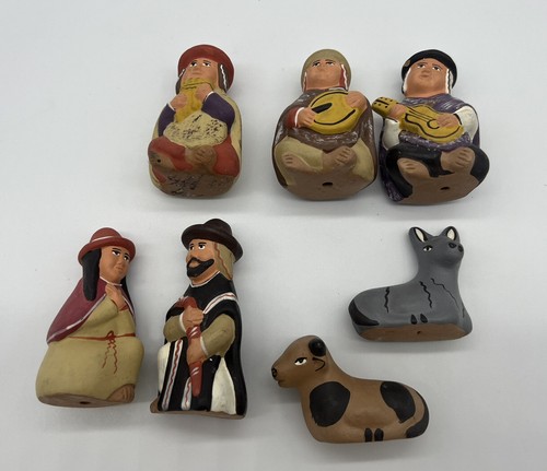 Peruvian Folk Art Handmade Red Clay Musicians & Animals Figurines Set Of 7 - Picture 8 of 8