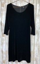 Eileen Fisher Black Velour Velvet Midi 3/4 Sleeve Crew Neck Dress S Small $338