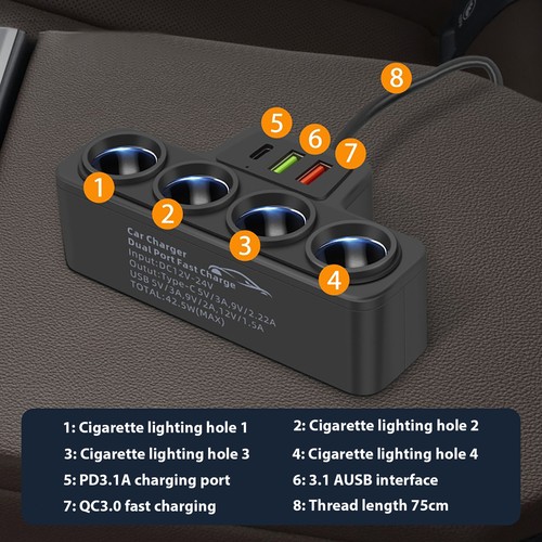 Multi Port USB Car Cigarette Lighter Socket Splitter Charger Power Adapter - Photo 12 sur 12