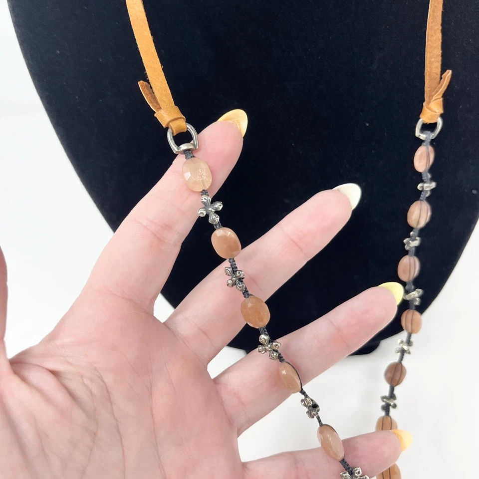 LOVE HEALS Leather Quartz Cross Bead Necklace Brown Long Knotted Layer Foto 4 de 4