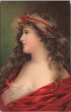 Lithograph Woman in Red Dress Asti Artist Signed Tuck Connoisseur Series 1910s