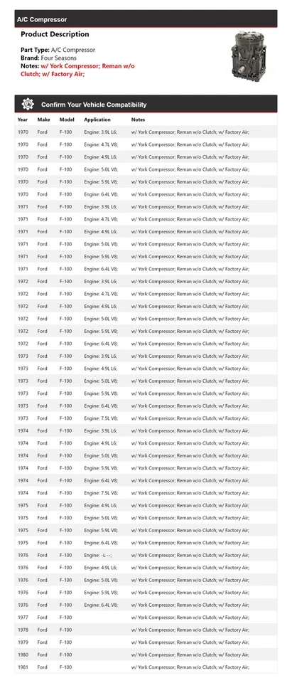 For 1970-1981 Ford F-100 A/C Compressor 4 Seasons 1971 1972 1973 1974 1975 1976 - Image 2 of 4