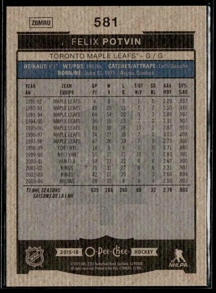 2015-16 O-Pee-Chee Felix Potvin #581 - Image 2 of 2