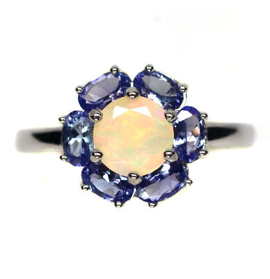 White Rainbow Opal Blue Tanzanite Ring Silver 925 Sterling Size 