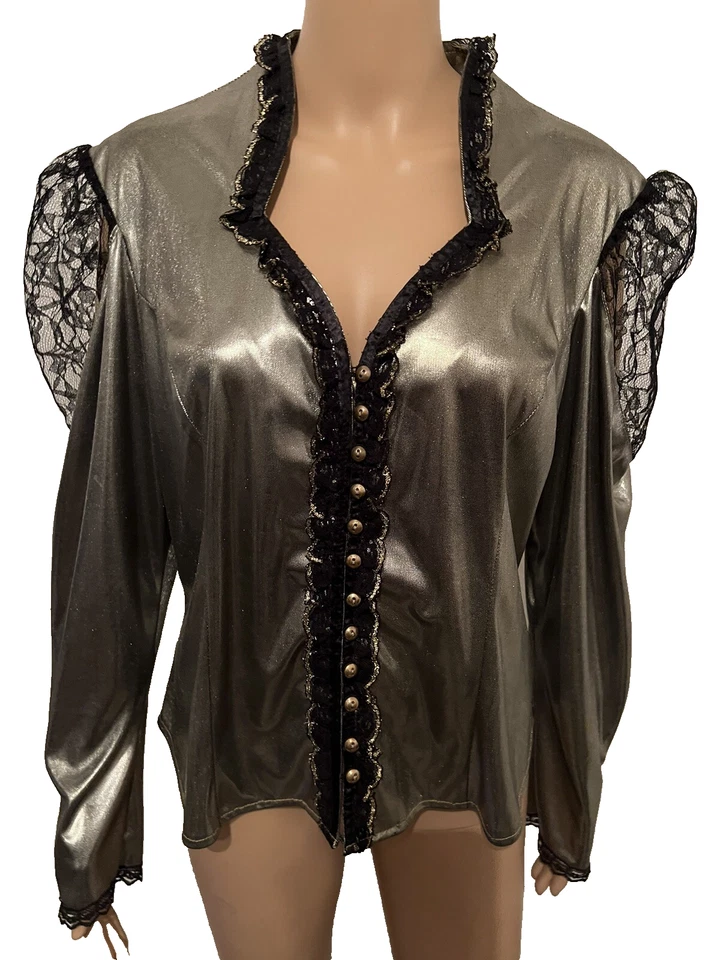 Blusa de renda preta metálica vintage anos 80 círculo T Marilyn Lenox prata/ouro 17/18 EUA