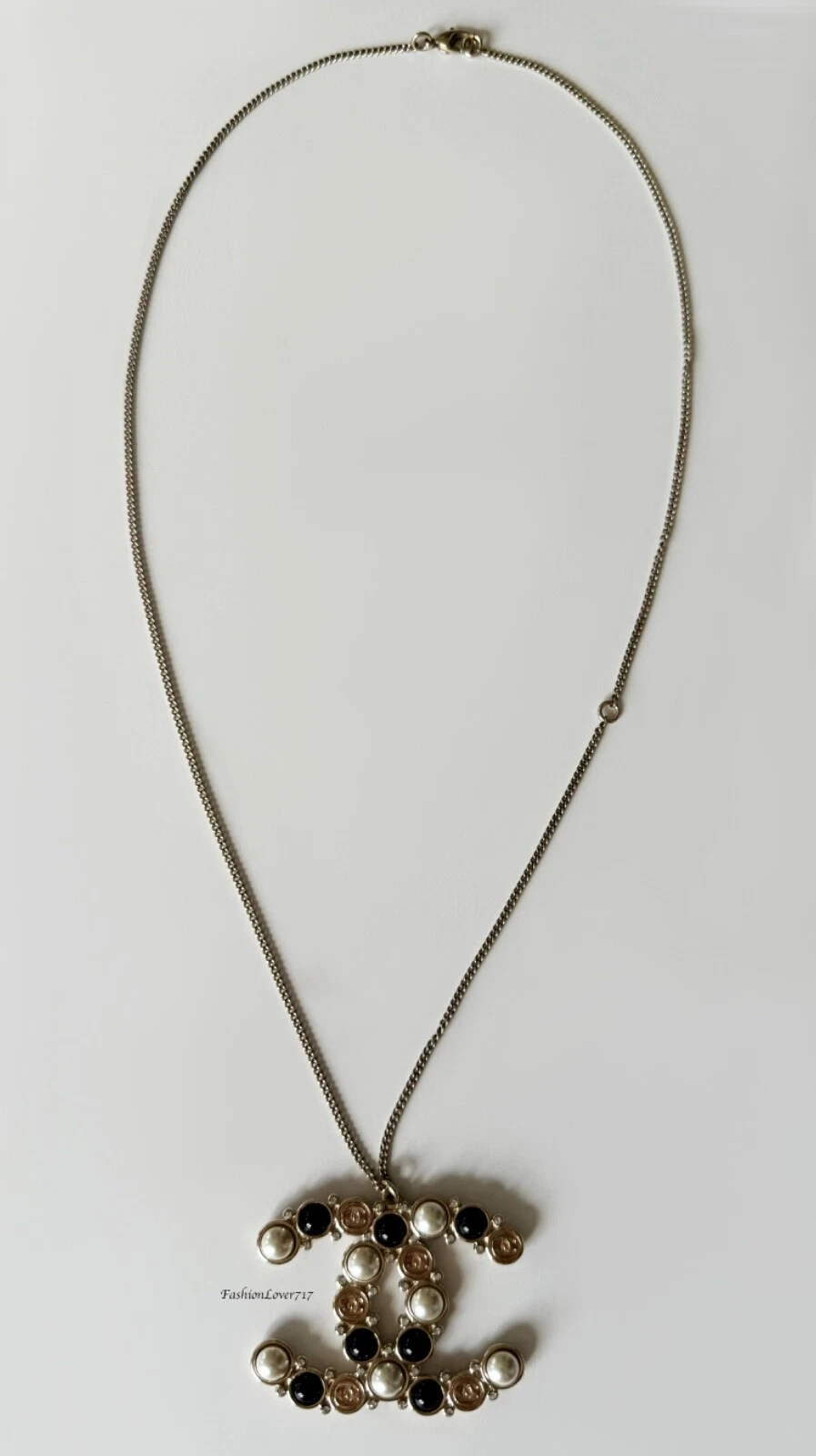 NUOVA COLLANA CIONDOLO 19B CHANEL ORO BIANCO CRISTALLO NERO CATENA PERLE LOGO CC