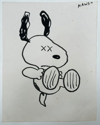 KAWS (Handmade) Drawing On old Paper Signed Mixed Media, Vtg Art