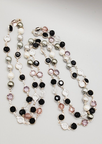 Vtg Premier Design White, black, gray and Silver beaded 60" necklace - Picture 7 of 10