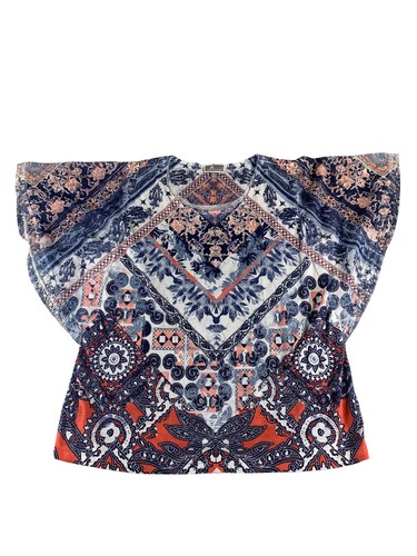 JM Collection Shirt Womens XL Blue Red Paisley Boho Top Short Sleeve Lightweight