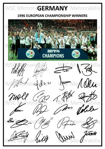 12712. Germany Euro 1996 Signed Team Picture Sheet PRINTED AUTOGRAPHS A4 Winners