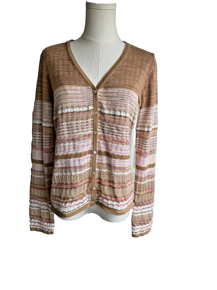 Colección Peck & Peck Cárdigan Abotonado Rayas Suéter Marrón Mujer Medio Otoño Foto 3 de 4