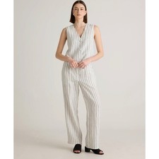 Quince Womens Sz 6 Oatmeal Black Striped 100% Linen Pleated Trouser Pants