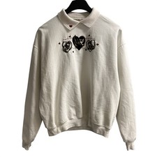 Vintage Sweatshirt Cat Kitty Calico Embroidered White Collared Size L Grandma