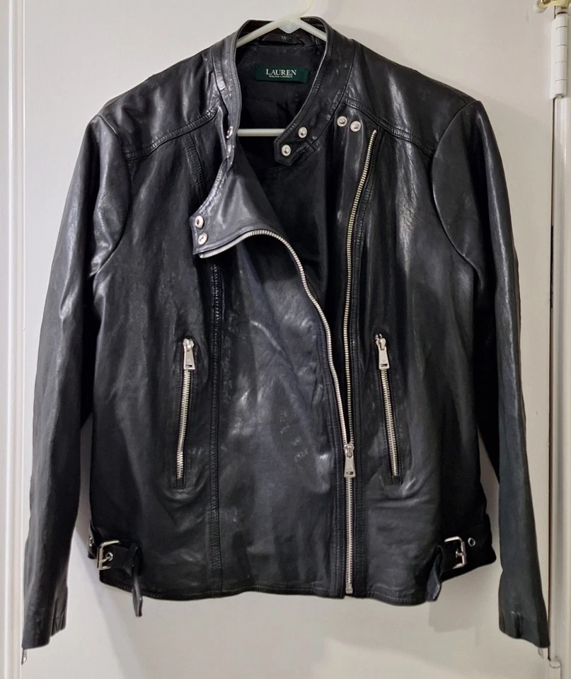 Ralph Lauren 夹克女式 M L 码黑色皮革摩托车摩托车复古 SEE — 第 2/4 张图片