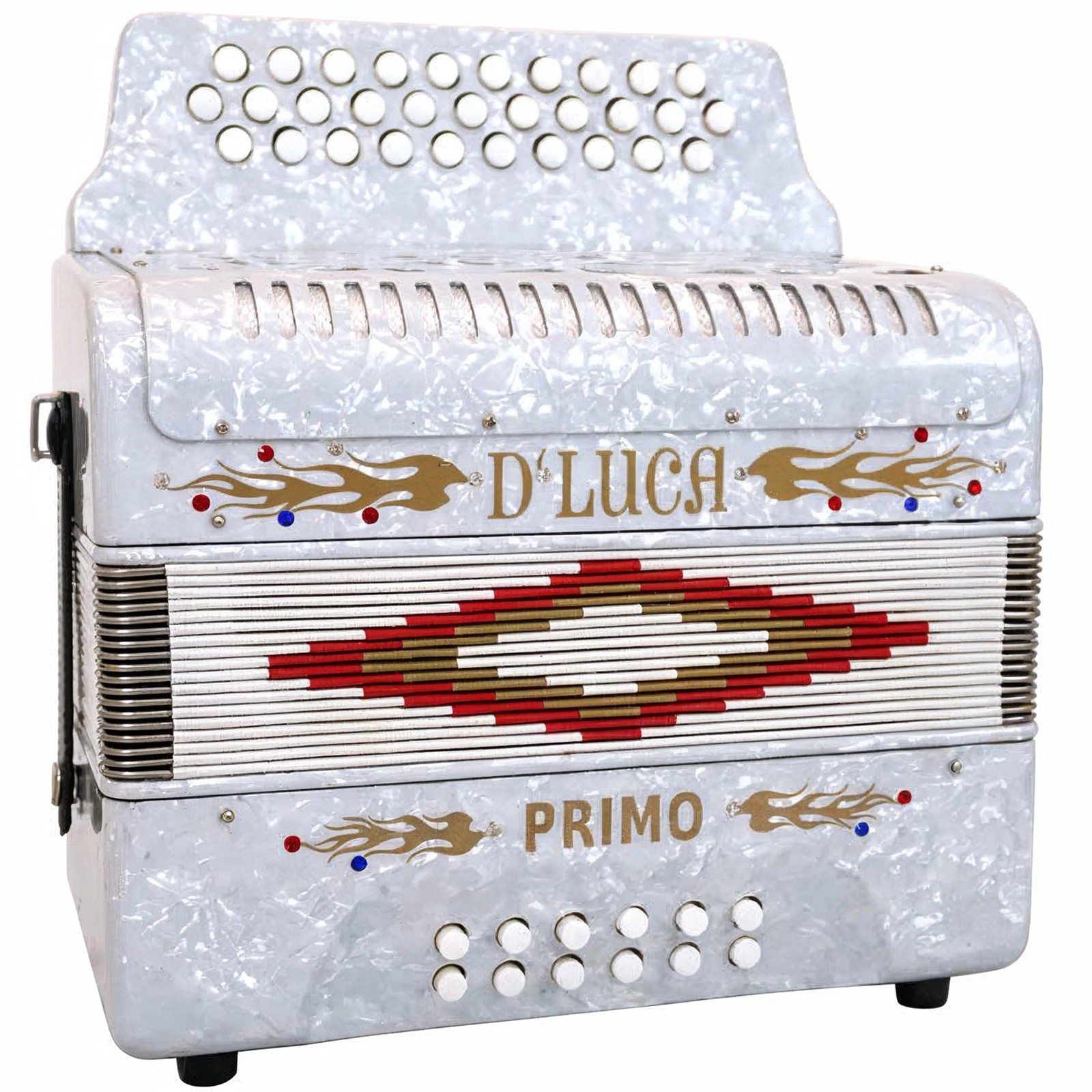 D'Luca Primo Button Accordion 31 Keys 12 Bass on GCF Key, Case and Straps, White