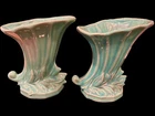 PAIR OF VINTAGE 1939 MCCOY ART POTTERY CORNUCOPIA VASE LEAVES TURQUOISE