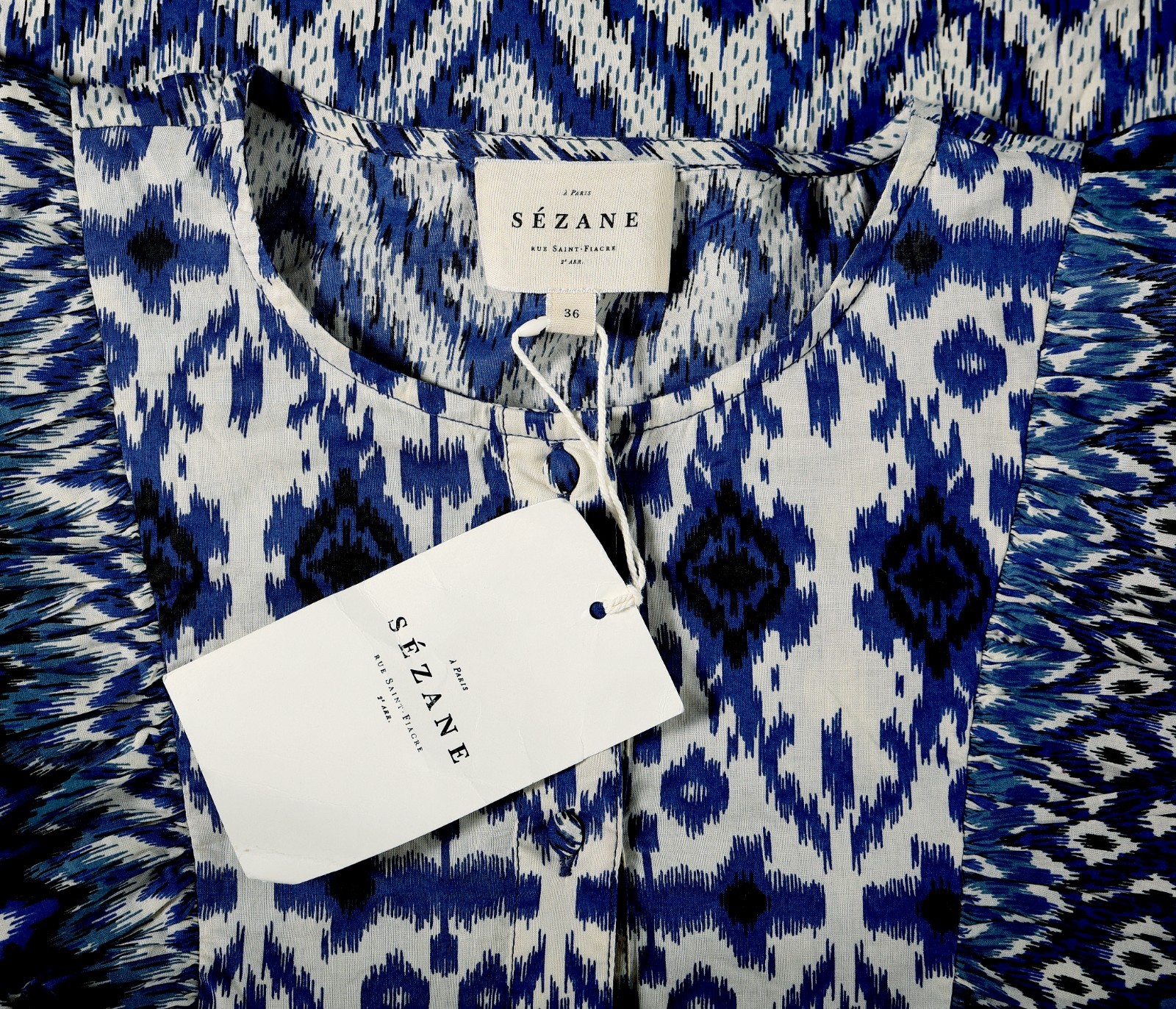 Sezane Boby Blouse Blue Ikat S 36 Women Printed Ruffle Shirt Boho Top NWT 45356