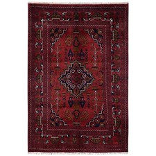 3'4"x5'1" Red Hand Knotted Afghan Andkhoy with Geometric Medallion Wool Rug 2446