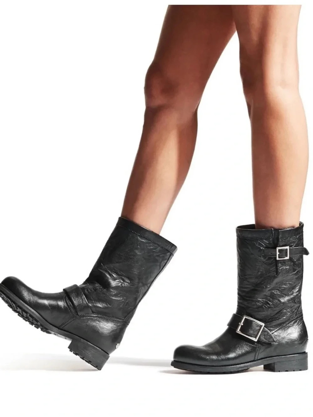Jimmy Choo Black Leather Mid Biker Buckle Boot Fur Lined Size 37