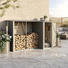 Garden Shed Sloped Roof Metal Storage 9x3.5ft Tool House with Firewood Log Store