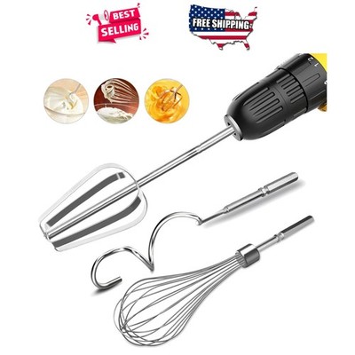 Hand Mixer Attachments for Drill 3pc Whisk Dough Hook Egg Beater Stainless Steel