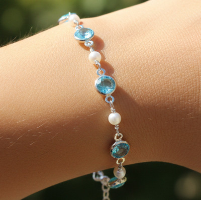 Handcrafted Sky Blue Topaz & Pearl Bracelet 925 Silver Plated Minimalist Chain
