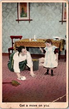 Postcard Bamforth comic 1018 child ordering dad to wash floor Get a Move on You