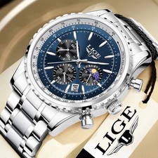 LIGE Men Watch Quartz Date Luminous Chronograph Waterproof Stainless Steel Watch