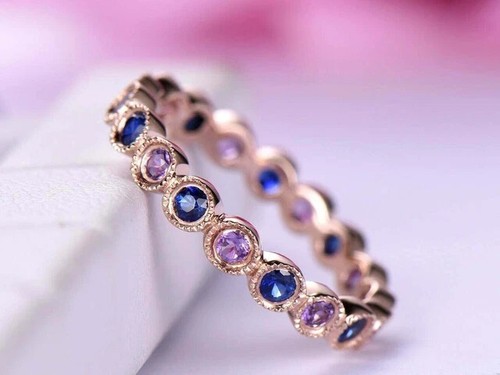 1.20Ct Lab-Created Blue Sapphire Eternity Wedding Band Ring 14K Rose Gold Plated