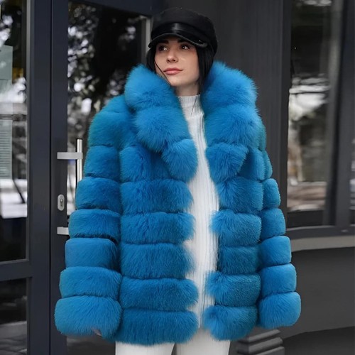 Winter Women Lapel Real Fox Fur Coat Fluffy Jacket Luxury Warm Elegant Overcoat - Picture 1 of 7
