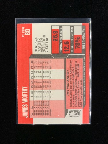 1989-1990 Fleer Basketball Near Mint - Mint James Worthy Los Angeles Lakers HOF - Picture 2 of 2