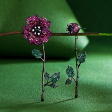 Unique Removable CZ Women Rose Red Flower Leaf Long Dangle Drop Party Earrings