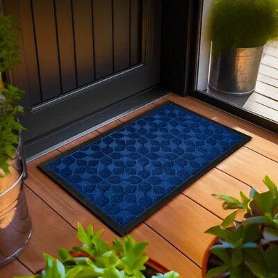 G128 Home Entrance Blue Geometric Floral Pattern Floor Door Mat 17x29.5 In Heavy Duty