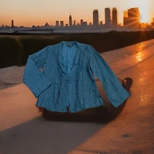 CITRON Santa Monica Linen Blend Teal Pleated Chinese Knot Jacket Size XS EXC