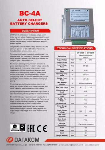 Cargador de batería DATAKOM BC-4A, 4 amperios, detección automática de voltaje de 12/24 VDC, 170-270 VAC - Imagen 2 de 2