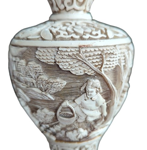 Vintage Arnart 1982 Ivory Dynasty Carved Vase With Wood Stand Arnart Imports - Picture 4 of 12