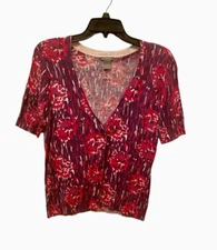 Ann Taylor Cardigan Womens Small Petite Purple Floral Red Hat Society Valentine