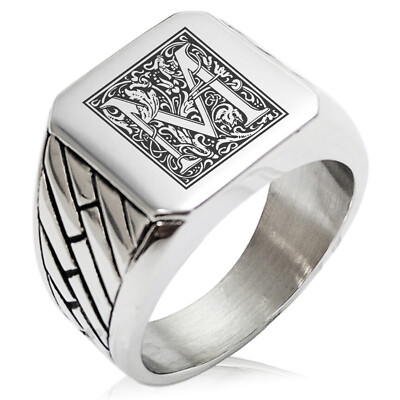 Stainless Steel Mens Royal Box Monogram Initial Large Square Biker Signet Ring