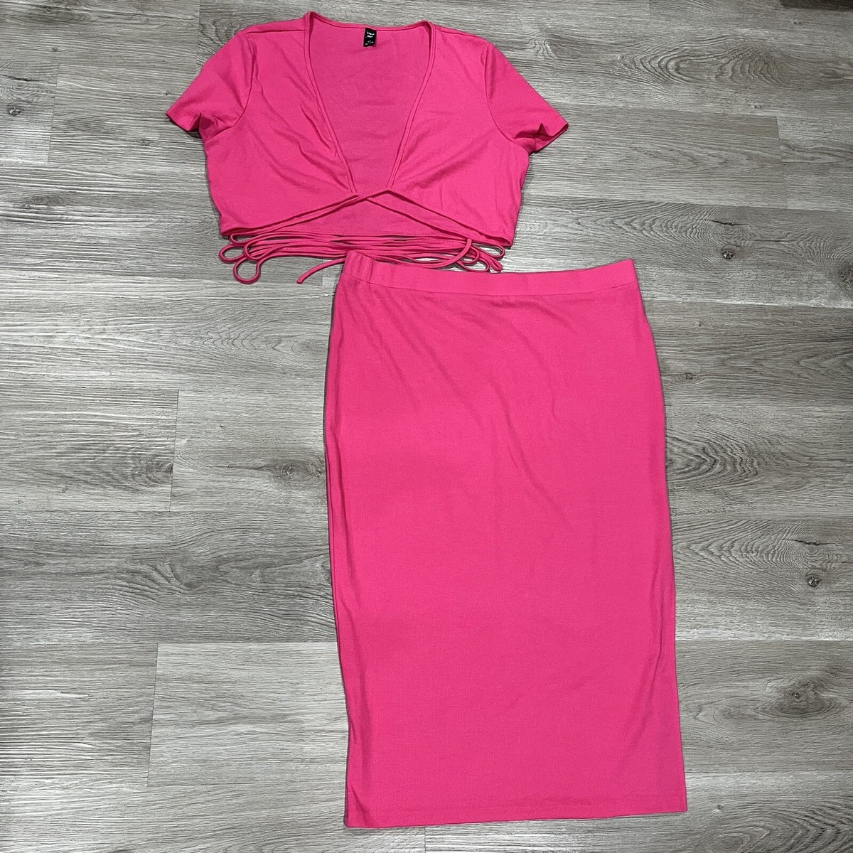 SheIn Curve Womens Outfit 3XL XXX-Large Pink Long Skirt Top Short Sleeve  Wrap
