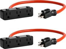 12AWG 2-Foot 3-Outlet Power Extension Cord 2-Pack, 125V/15A, Orange