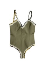 Womens Green Solid One-Piece Swimsuit with Br...