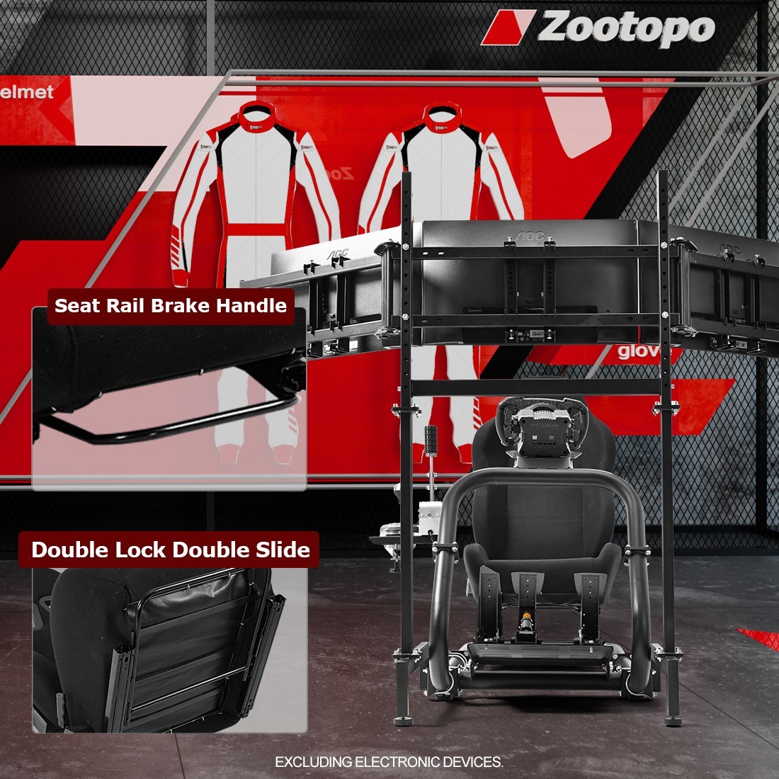 Zootopo Racing Sim Cockpit With Black Seat & Triple TV Stand Fits Thrustmaster