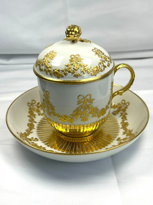 Very rare, 1870-1900 KPM Hot Chocolate teacup with lid and saucer. Set #3