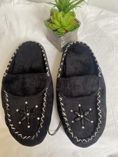 Black Fuzzy Moccasin Slippers with Beaded Flower Design Size 10