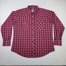 Wrangler Western Pearl Snap Shirt Mens XL Red Buffalo Plaid Long Sleeve Cowboy