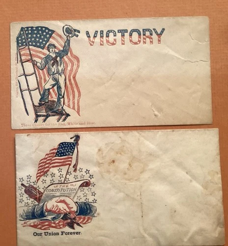 2 CIVIL WAR PATRIOTIC ENVELOPES “OUR UNION FOREVER” AND “VICTORY” WITH FLAGS